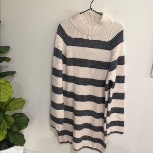 Striped Gray and Cream Turtleneck Sweater Dress